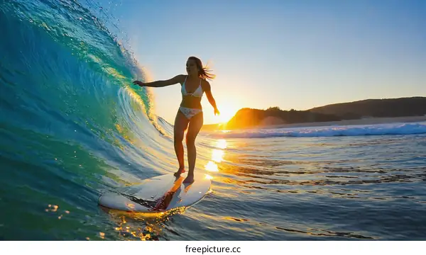 Surfer Woman on a Wave at Sunset