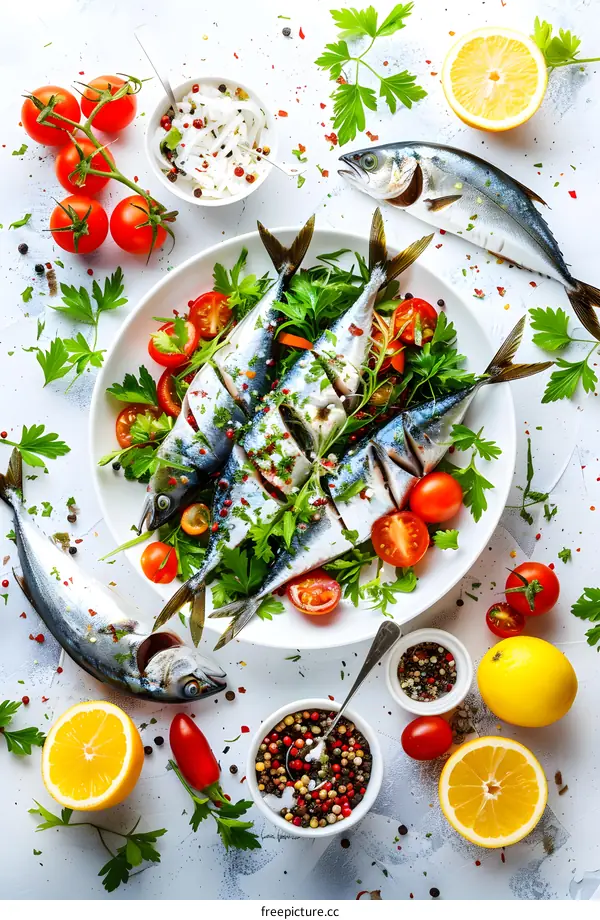 Fresh mackerel fish with herbs, spices and lemon