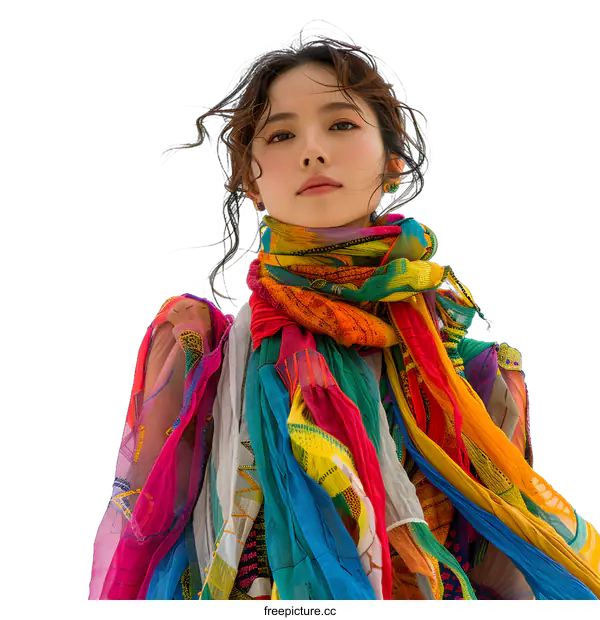 [Transparent Background PNG]Woman with Colorful Scarf and Dress
