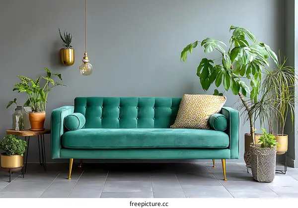 Teal Velvet Sofa with Greenery Home Decor