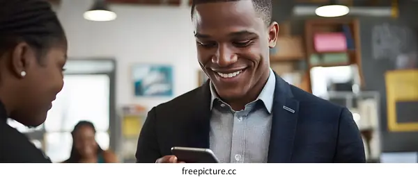 Smiling Black Man Looking at Phone with Woman in Background