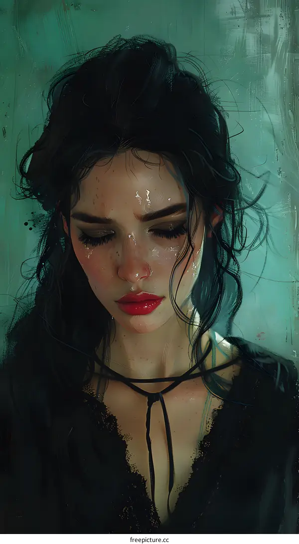 portrait of a crying woman with dark hair