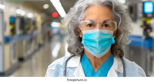 Female Doctor Wearing Mask and Goggles in Hospital Corridor