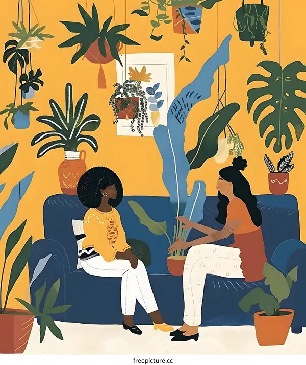 Two Women Sitting on a Sofa Surrounded by Plants