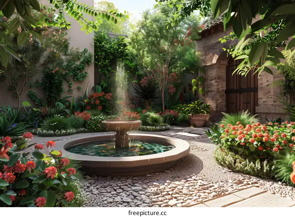 Courtyard with Fountain and Flowers