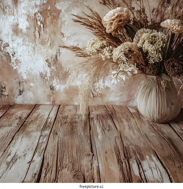 Dried Flowers in Vase on Wooden Table