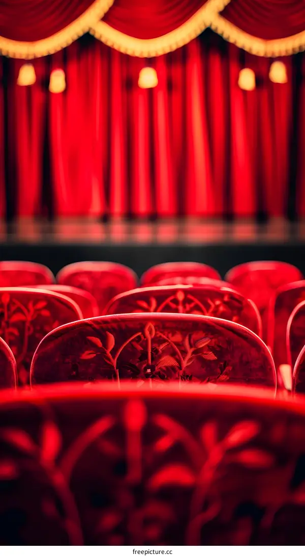 Red Velvet Seats In Front of Stage Curtains