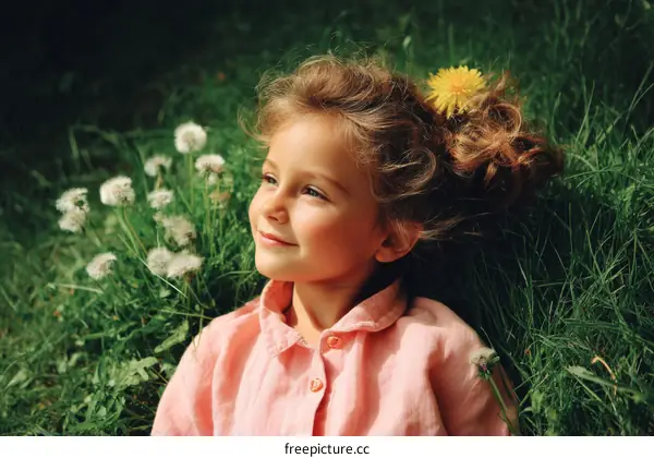 Little Girl Relaxing in Grass with Dandelions