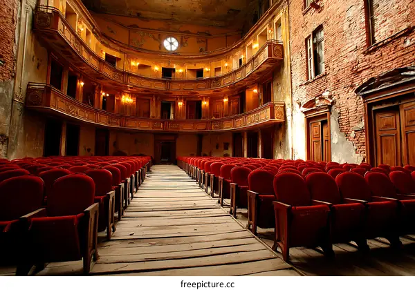 Abandoned Theatre Hall with Red Seats