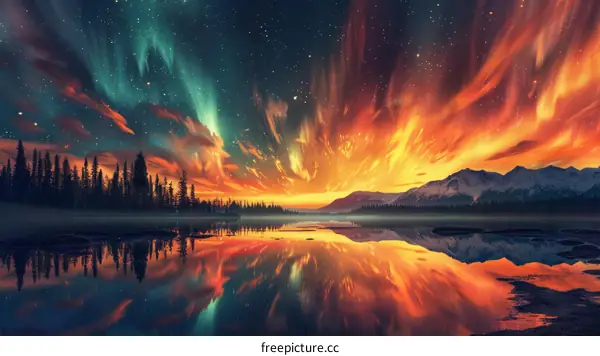Landscape with aurora borealis and mountains