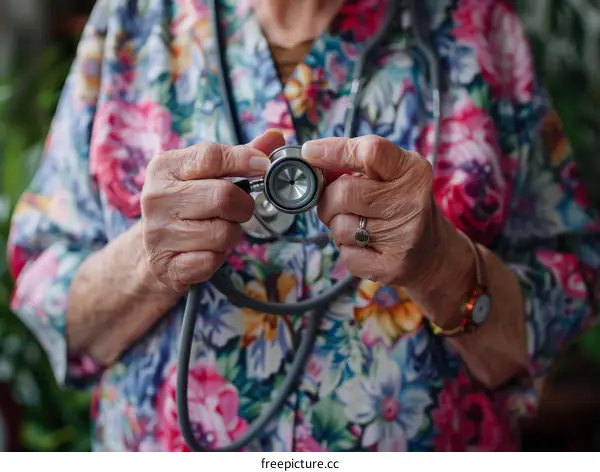 A senior female doctor is holding a stethoscope in her hands