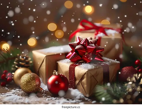 Exquisite Christmas Presents under Soft Snowy Background