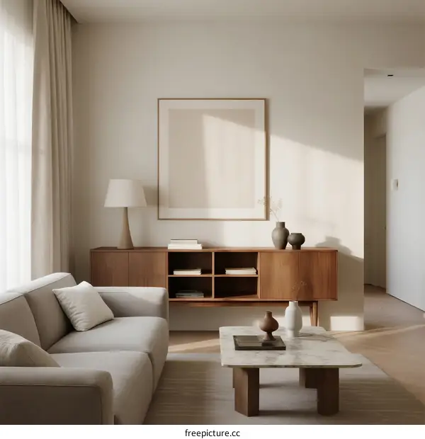 Minimalist Living Room with Light Beige Sofa and Wooden Cabinet