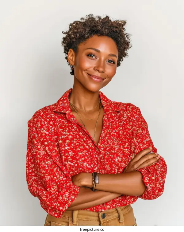 Portrait of a Black Woman in a Red Floral Shirt