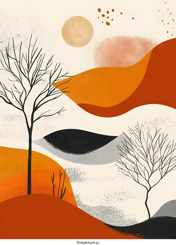 Abstract Landscape with Bare Trees and Sun