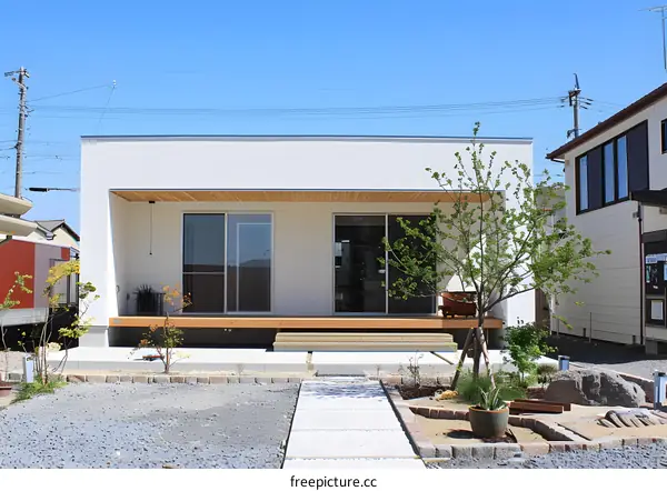 Modern Minimalist Japanese House Exterior with Wooden Deck and Landscaping