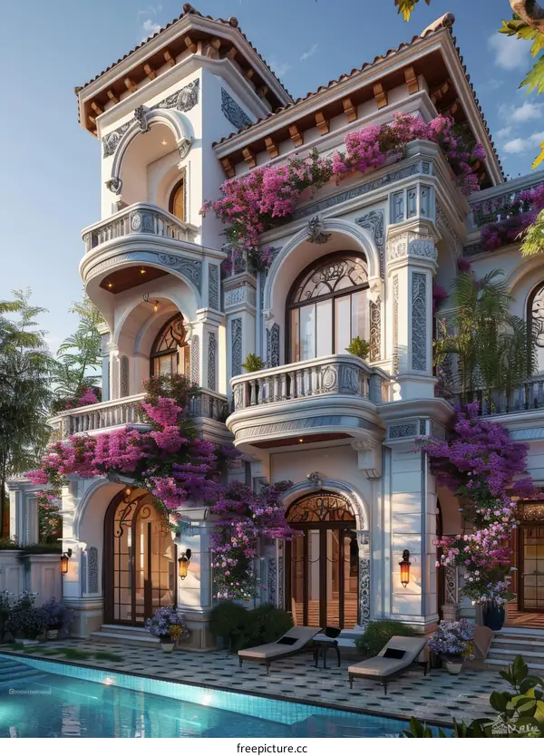 Luxury Mansion with a Pool and Lush Bougainvillea