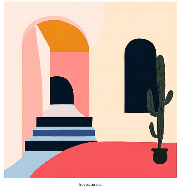 Abstract Minimalist Illustration Of A Cactus In A Desert