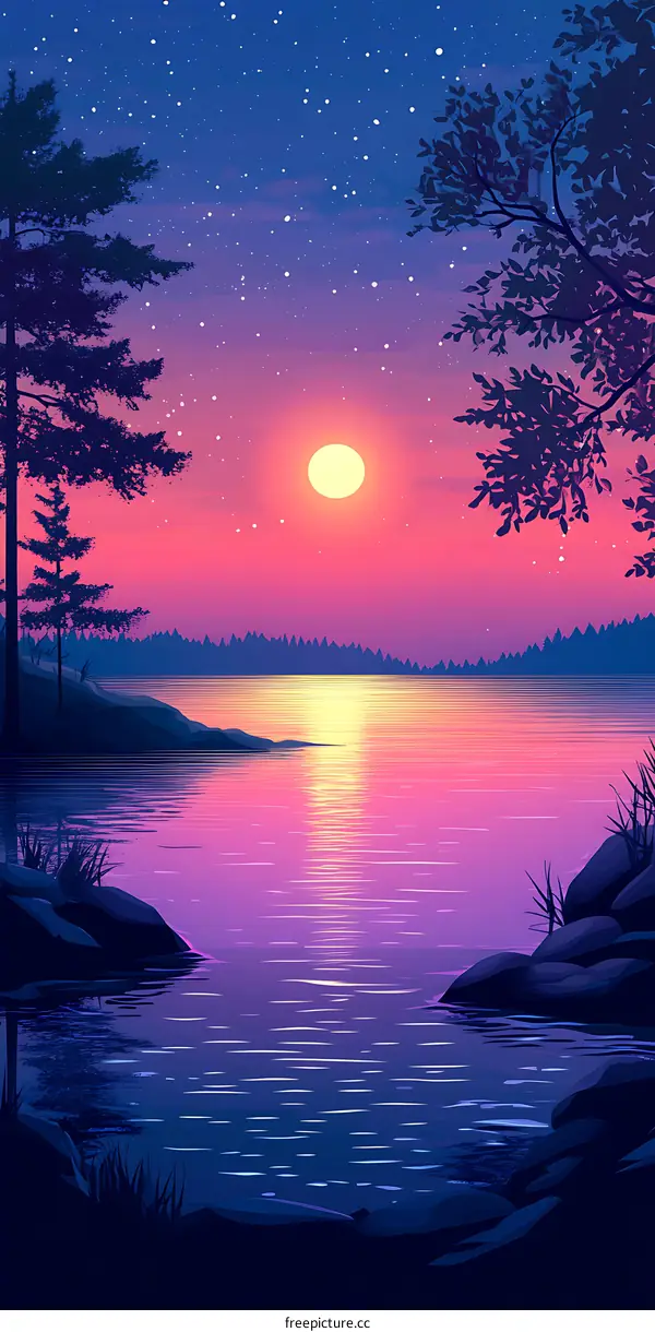Sunset Lake Scene with Purple and Pink Sky