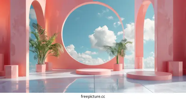 Pink and blue pastel podium with plants