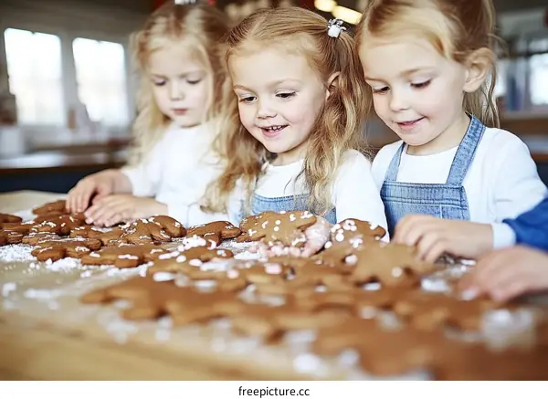 Three Caucasian Children Decorating Gingerbread Cookies
