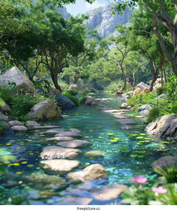Lush Green Forest River with Stones