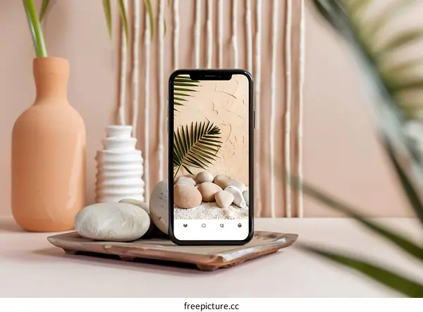 Minimalist Still Life Photography With Phone Screen Showing Rocks And Palm Leaf