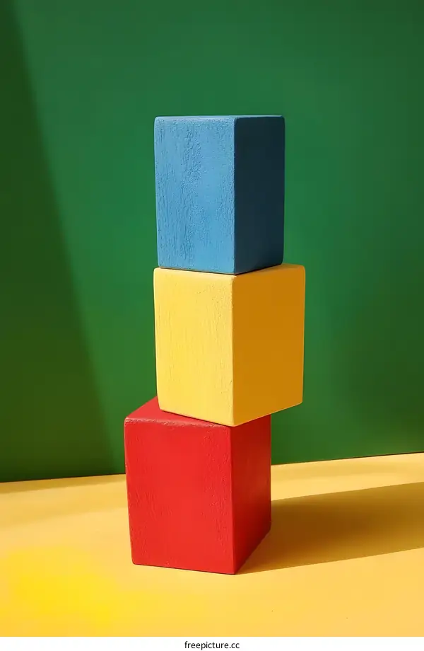 Stacked Colorful Wooden Blocks on Green and Yellow Background