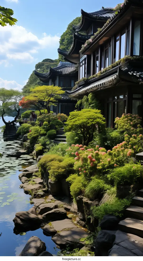 Japanese garden with a pond and a house