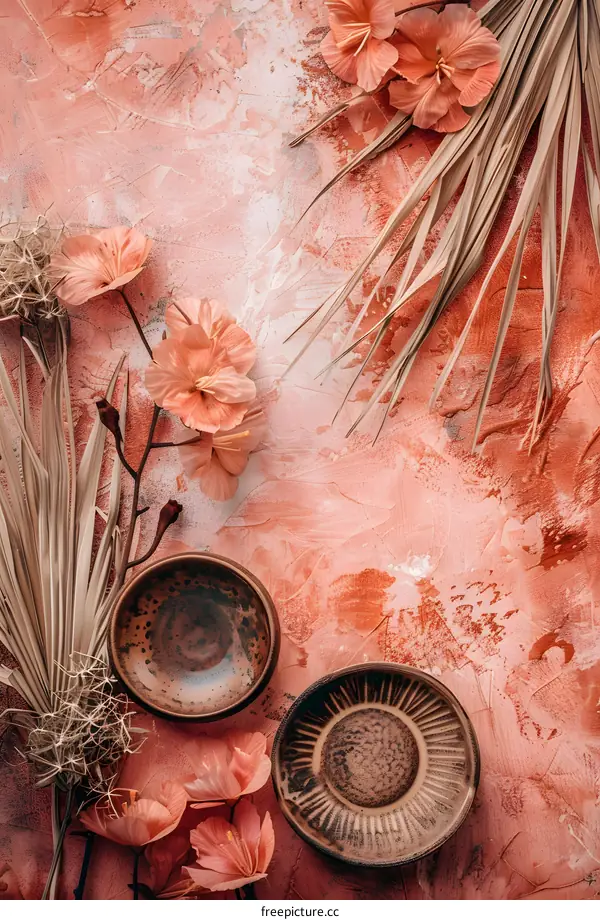 Coral Pink Background with Dried Palm Leaves and Flowers