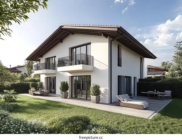 Modern White House with Balcony and Garden