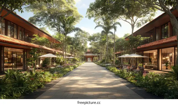 Tropical Resort Shopping Row Architectural Illustration