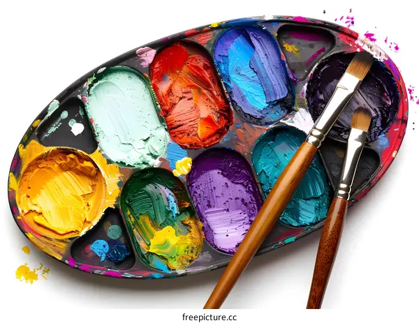 colorful oil paint palette with paintbrushes