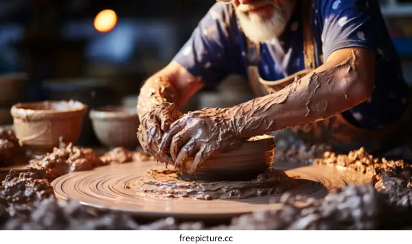 A potter shapes a bowl on a pottery wheel