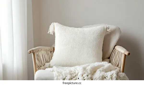 Cozy Modern Neutral Pillow on Woven Chair