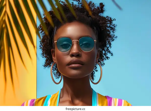 Woman Wearing Sunglasses and Hoop Earrings Under Palm Tree
