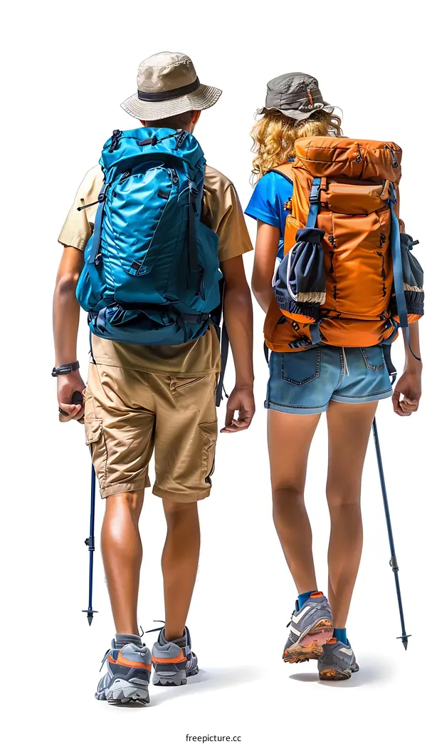 Hiking couple with backpacks walking