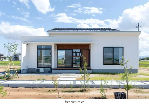 Modern White House with a Wooden Door