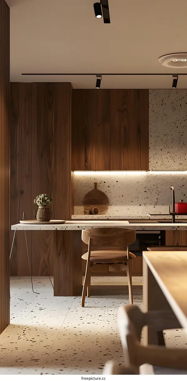 An illustration of a kitchen with a wooden table and a chair