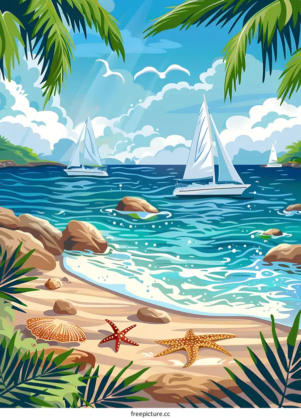Tropical Beach Landscape with Palm Trees, Sailboats and Starfish