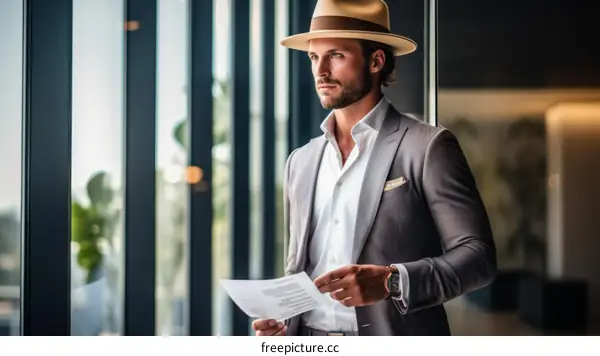pensive young businessman in suit and hat looking out window holding document