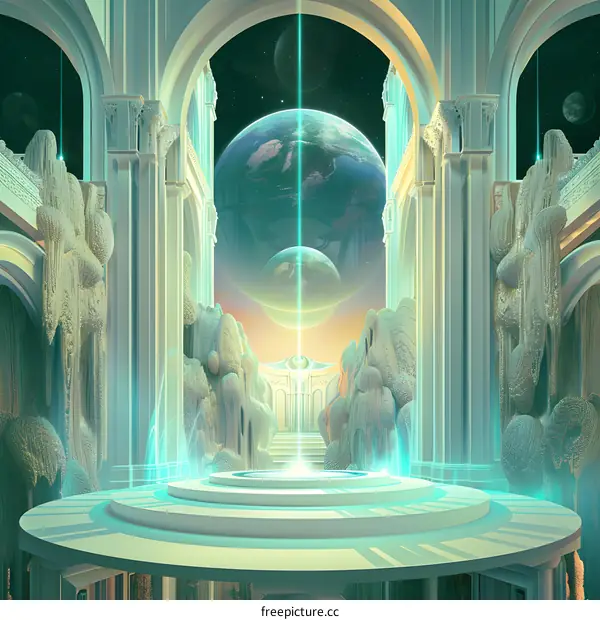 Abstract Artwork with Light Beam, Planets and Fantasy Architecture