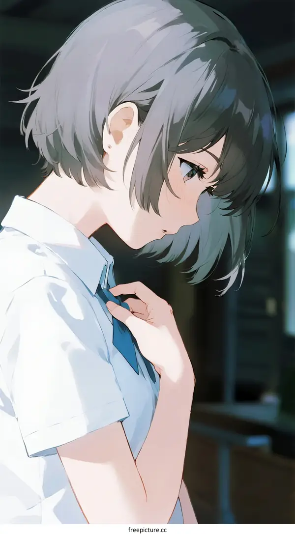 A Young Girl with Short Gray Hair Adjusting Her School Uniform Tie