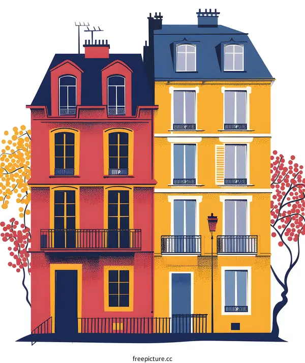 Colorful Illustration of Two French Townhouses