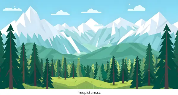 Mountain Landscape with Green Pine Trees