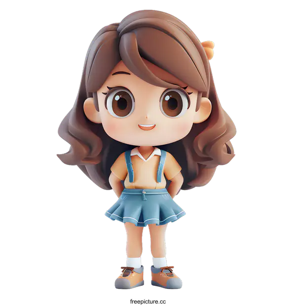 [Transparent Background PNG]A cute 3D cartoon girl with brown hair and brown eyes wearing a yellow shirt and blue skirt