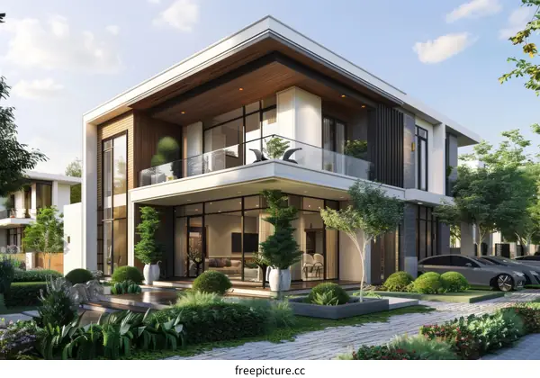 A modern two-story house with a beautiful garden