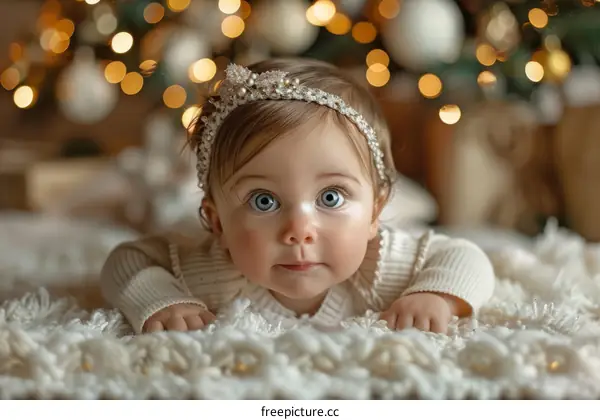 An adorable baby girl wearing a festive headband is crawling on a white blanket in front of a blurry Christmas tree.