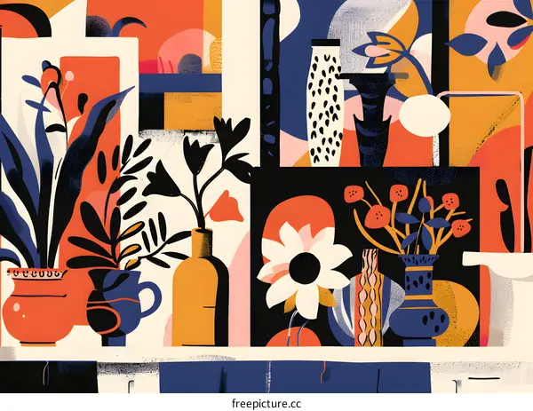 Abstract Floral Still Life with Modern Vases