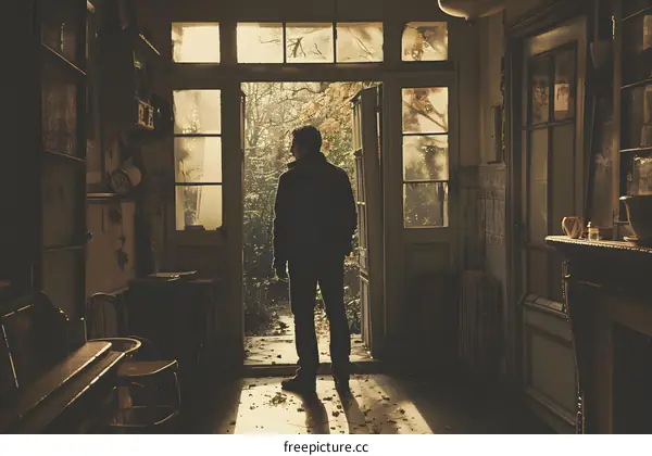Man standing in a doorway looking out at a garden